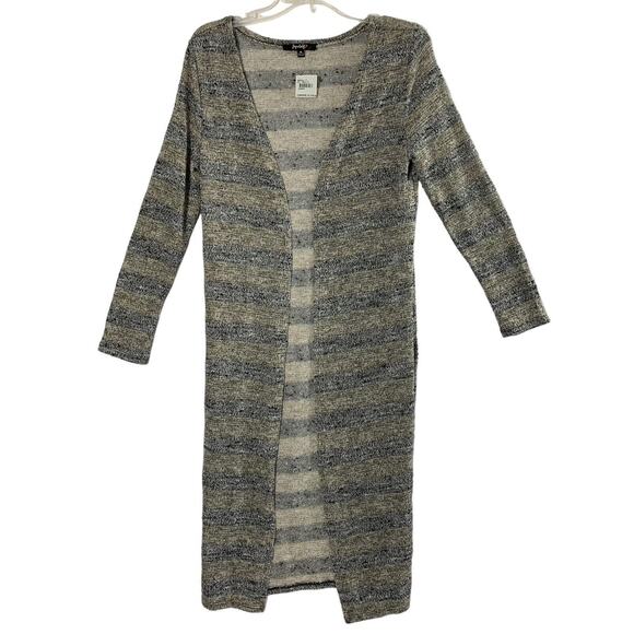 Womens Long Cardigan Sz Medium Stripe Metallic Gold Thread Open Front Sweater - Picture 1 of 10